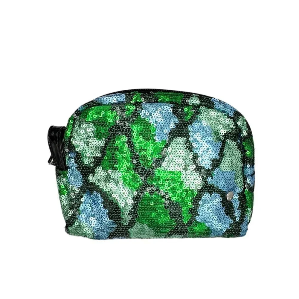 New Stephanie Johnson Makeup Cosmetic Bag Blue Green Sequin Zip Medium Size